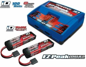 Traxxas TRX2990GX POWER PACK Caricabatterie doppio EZ-Peak Plus + 2x ID LiPo 11.1V 5000mah 25C