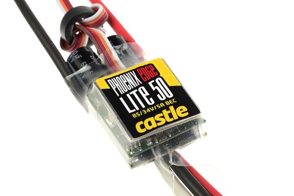 Castle-Creations 010-0113-00 Phoenix Edge Lite 50 High Performance Brushless Flight And Heli Controller Lightweight Version Data Memory Telemetry Capable Aux. Cable 2-8S 50A 5A Sbec
