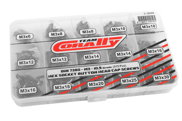 Team Corally C-38500 Screw Set M3 - Hex Button Head - DIN 7380 - Steel Black - 10.9 Grade - 15 Sizes - 375 pcs