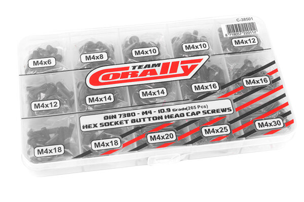 Team Corally C-38501 Team Corally - Set de vis M4 - Hex Button Head - DIN 7380 - Steel Black - 10.9 Grade - 15 Sizes - 265 pcs