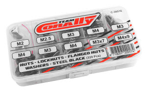 Team Corally C-38516 Nuts - Lock Nuts - Washers Set - M2 - M2.5 - M3 - M4 - Steel Black - 10 Sizes - 320 pcs